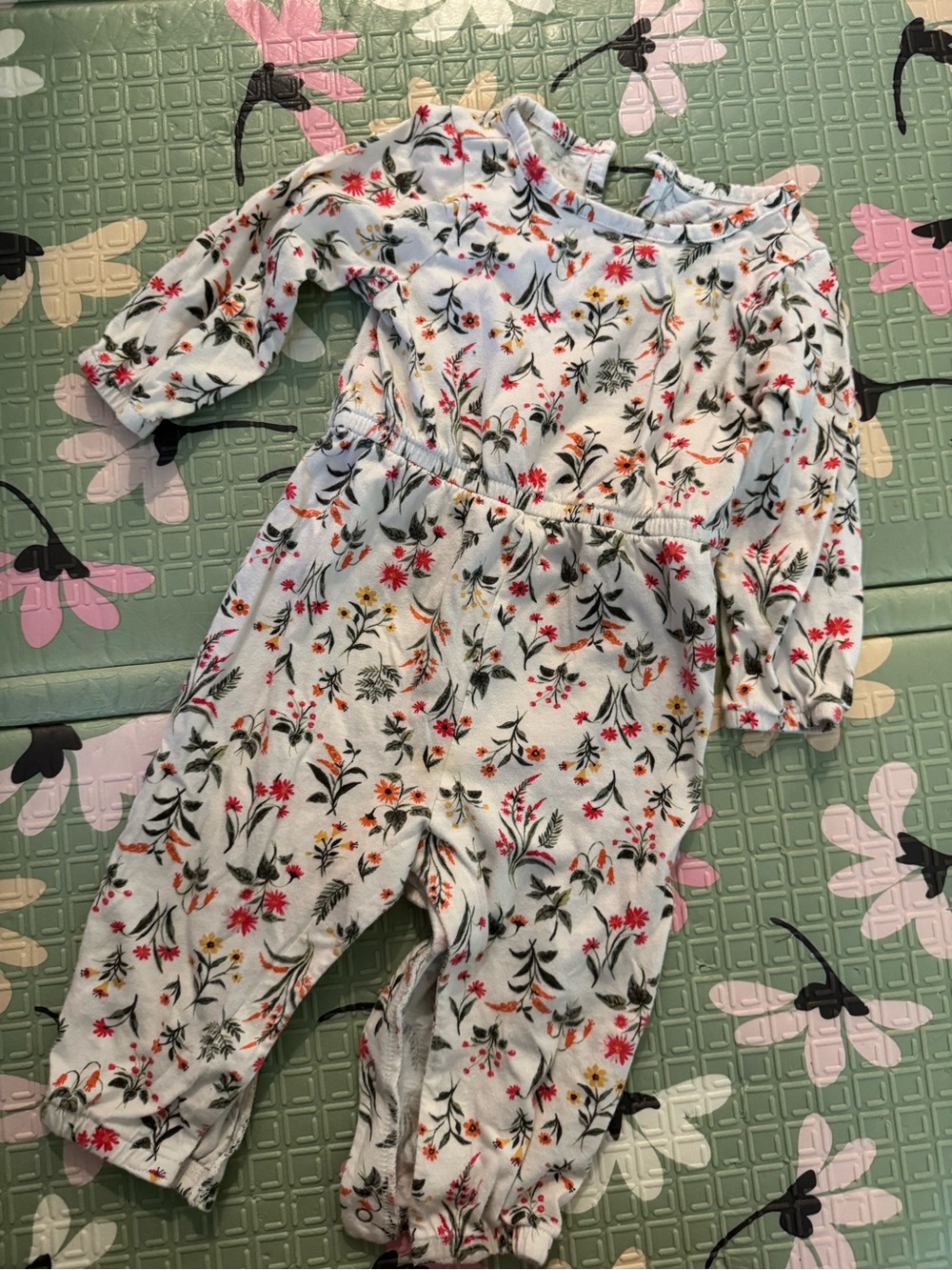 Floral Baby Girl Romper - White with Pink & Green Print